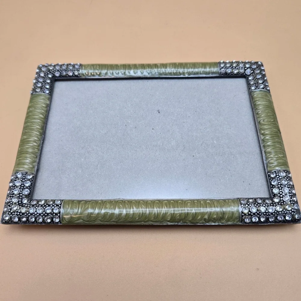 Sage Green Enamel and Rhinestone Picture Frame Vintage Style 4x6 Tabletop Decor - Picture 7 of 16